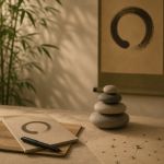 Composizione simbolica dedicata allo sviluppo della professione Shiatsu con pietre in equilibrio, taccuino Enso e rete di connessioni progettuali.