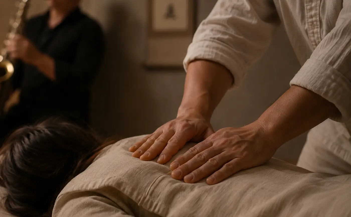 Dettaglio mani durante trattamento Shiatsu tradizionale
