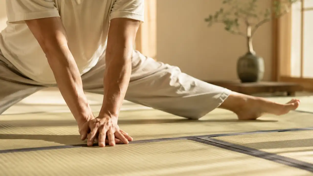 Dettaglio di pratica corporea giapponese su tatami, luce naturale
