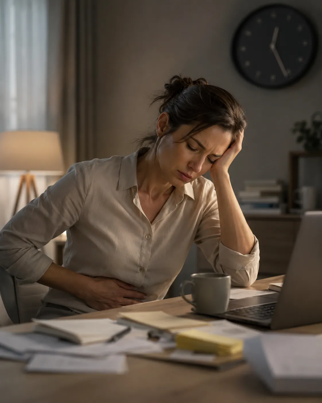Donna seduta alla scrivania con espressione stanca e stressata, una mano sulla testa e una sull’addome, davanti a laptop e documenti di lavoro.
