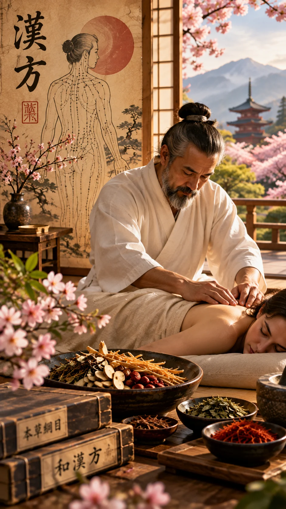 Operatore Shiatsu durante un trattamento in un ambiente tradizionale giapponese, circondato da erbe medicinali, antichi testi Kanpō e diagrammi del corpo umano. Sullo sfondo, un tempio e i ciliegi in fiore richiamano le radici culturali delle due discipline.