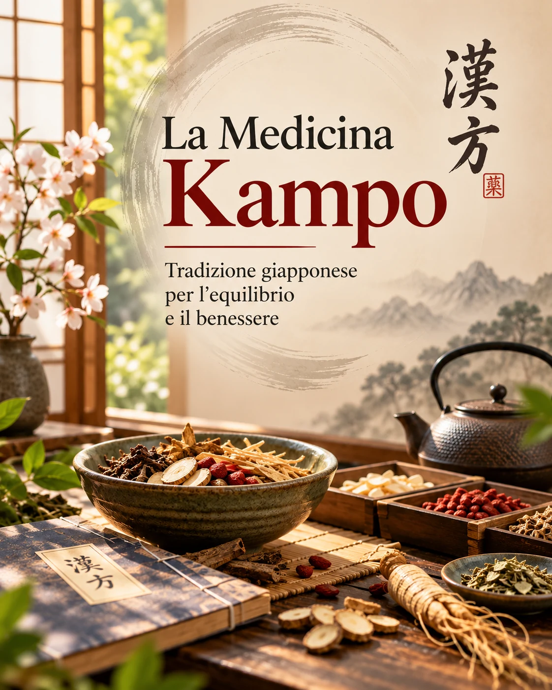 Erbe medicinali, radici e preparazioni tradizionali della Medicina Kampo disposte su un tavolo giapponese, con teiera, fiori di ciliegio e ideogrammi sullo sfon