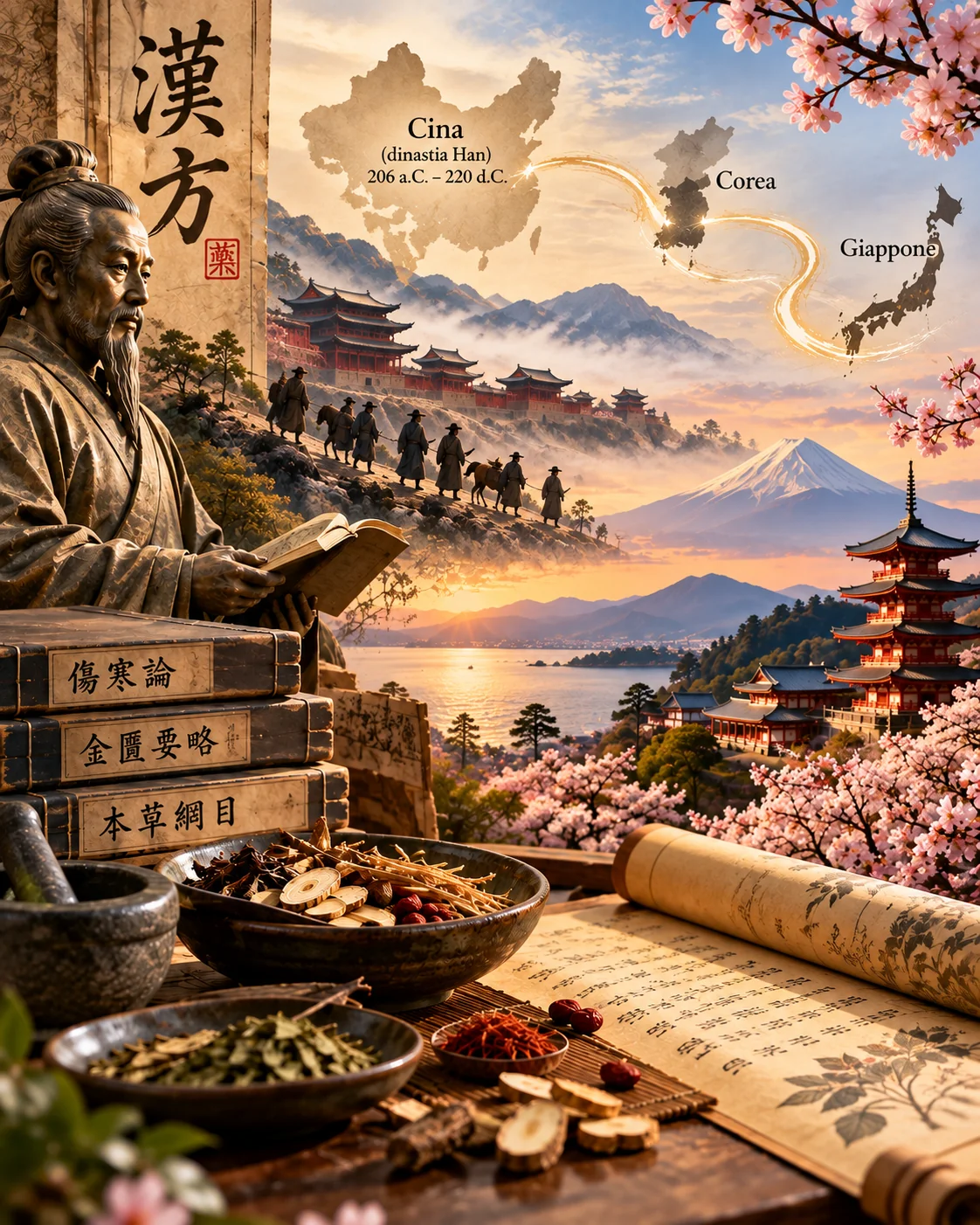 Illustrazione storica della diffusione della Medicina Kanpō dalla Cina della dinastia Han al Giappone attraverso la Corea, con antichi testi medici, erbe medicinali, studiosi, templi e una mappa dei percorsi culturali dell’Asia orientale.